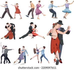 Couples are dancing. A collection of different types of dance. Swing, rock and roll, bachata, salsa, tango, modern dance. Drawing, vector.