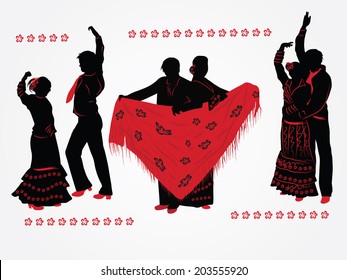 Couples dancing flamenco. Red and black silhouettes on white background.