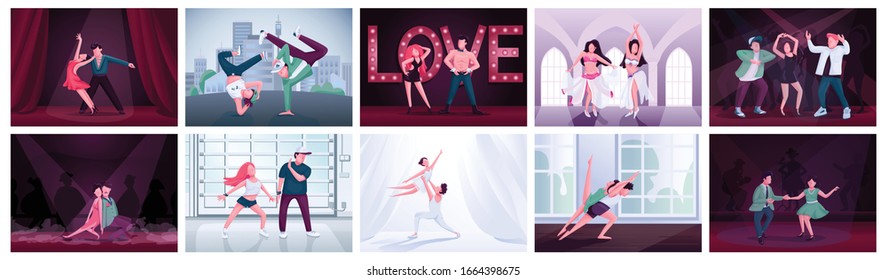 Couples dancing flat color vector illustrations set. Ballet, twist, latino dance contest participants. Tango, rumba, contemp, breakdance male and female performers 2D cartoon characters