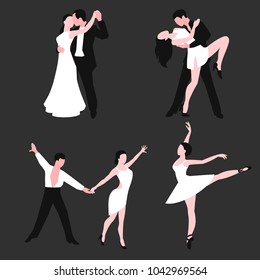 Couples dancing latin american romantic person and people dance man with woman ballroom entertainment together tango pose beauty vector illustration.