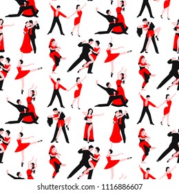 Couples dancing latin american romantic person people dance man with woman tango pose seamless pattern background vector illustration.