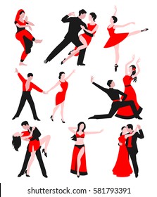 Couples dancing latin american romantic person and people dance man with woman ballroom entertainment together tango pose beauty vector illustration.