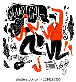 Couples are dancing in Music Festival. Moments of relaxation the appearance and lifestyle. Collection of hand drawn. Vector illustration in sketch doodle style,Painting strokes, semi-abstract