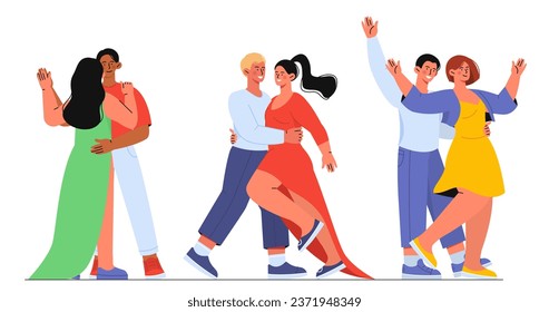 Couples dancing set. Entertainment and leisure, men and women having fun together. Happy family dancing waltz and tango. Cartoon flat vector collection isolated on white background