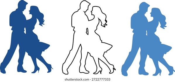 Parejas bailando siluetas en diferentes tonos de contorno azul y negro