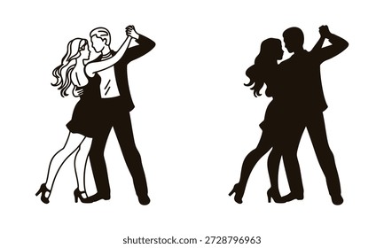 Couples dancing tango in black silhouettes on white background