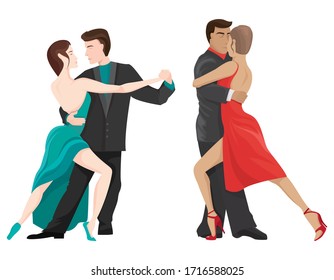 Couples dancing tango. Male and female characters in cartoon style.