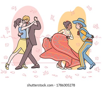 Couples dancing tango in modern suits and dancing in traditional latin costumes. hand drawn style vector design illustrations. 