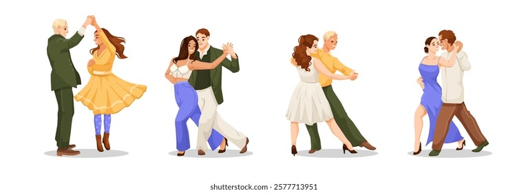 Couples dancing in various styles on white background. Vector illustration