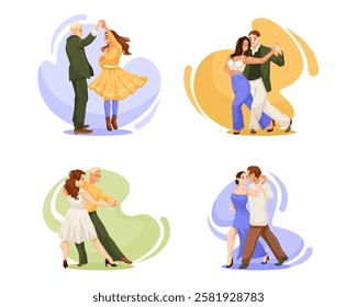 Couples dancing in various styles on abstract colorful backgrounds. Vector illustration