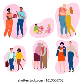 Couples of different ages in love. Children teenagers, adults and old people