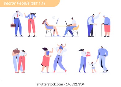 Couples of different ages and occupations - couple students, parents, business people, elderly people.
Flat vector characters isolated on white background.