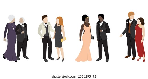 Couples of different ages and races wearing evening formal wear to celebrate event, party, wedding. Happy men and women in gorgeous clothes. Vector illustration in isometric style without face.