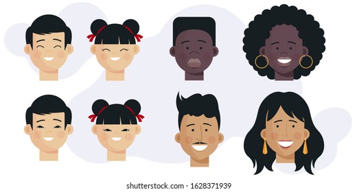 Couples of different ethnicities set. Faces, African American, Asian, Latin flat vector illustration. People, ethnic difference, race concept for banner, website design or landing web page