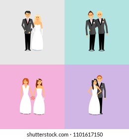 Couples with different sexual orientations and views on family life. Men and women are at the wedding ceremony and are going to marry.