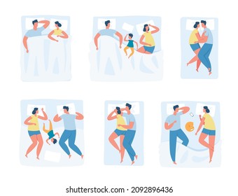 Couples in different sleep positions, family sleeping in bed together. Child sleeping with parents, young couple hugging in sleep vector set. Husband and wife lying in bed with kid or cat