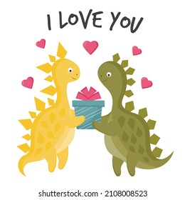 Couples of dinosaurs for Valentine's day card. Romantic lovely dino boy and girl with gifts. Funny sweet illustration for card, postcard, banner, poster, sticker and web template.