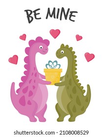 Couples of dinosaurs for Valentine's day card. Romantic lovely dino boy and girl with gifts. Funny sweet illustration for card, postcard, banner, poster, sticker and web template.