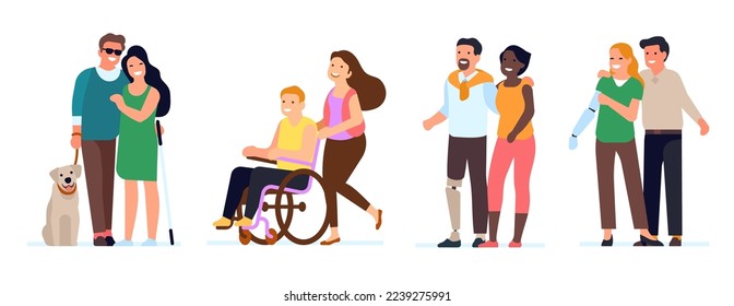 Couples with disabilities. Handicapped men and women walking together. Injured and blind people. Boyfriend and girlfriend dating. Happy handicap family. Vector disabled