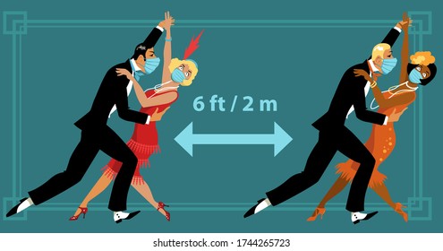 Couples dressed in vintage twenties fashion and protective face masks dancing 6 feet apart to prevent spread of virus, EPS 8 vector illustration  