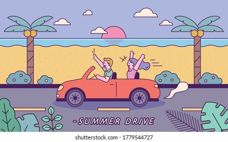 Couples driving summer beaches. flat design style minimal vector illustration.