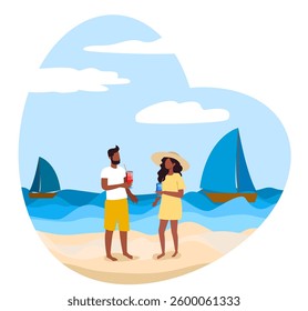 Couples enjoy drinks on a sunny beach in summer with sailboats in the background