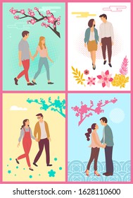 Couples enjoying fair weather of spring vector, man and woman holding hands, people in love walking under cherry blossom trees and sakuras branches