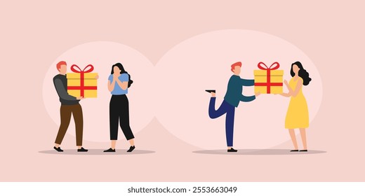 Couples Exchanging Gifts in Romantic and Joyful Moments 2d flat vector illustrations