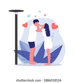 Couples faces each other and form love with their hands and cute poses for each other. hand drawn style vector design illustration