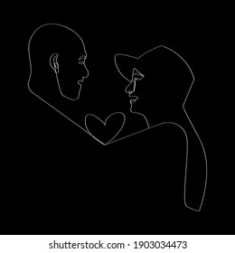 Couple's faces in one line art style. Continuous line art in an elegant style for tattoos, posters, textiles, prints, cards or other purposes. Vector illustration of a couple's faces