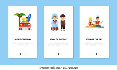 Couples flat icon set. Enjoying vacation, picnic, Belgian. Dating, relationships, romance and leisure concept. Vector illustration symbol elements for web design