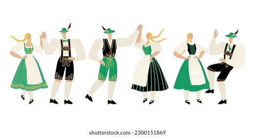 Parejas con trajes folclóricos bávaros. Conjunto de ilustraciones vectoriales de hombres y mujeres bailando danzas tradicionales alemanas. Caracteres recortados en estilo plano