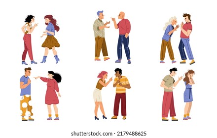 Couples and friends quarrel and argue. Concept of conflict, bad relationships. Vector flat illustration of diverse angry men and women dispute and arguing isolated on white background