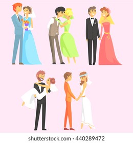 Couples Getting Married Flat Cool Cartoon Style Vector Drawings Set