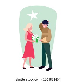 couples with gift box on white background vector illustration design