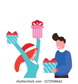 couples with gift boxes on white background vector illustration design
