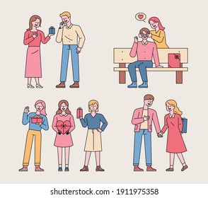 Couples giving Valentine's Day gifts. Couples are holding a surprise event with their hands covering their eyes or hiding gifts behind their backs. flat design style minimal vector illustration.