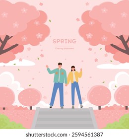 Couples go to the park in spring. Vector illustration.