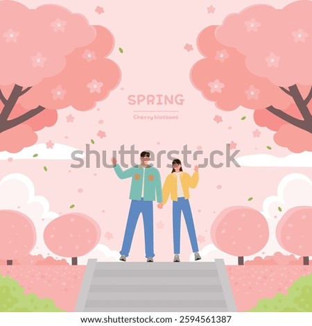 Couples go to the park in spring. Vector illustration.