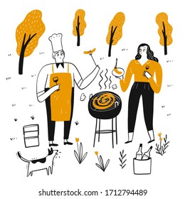 Couples are grilling on a sunny afternoon barbecue.  Hand drawn, Vector Illustration doodle style.