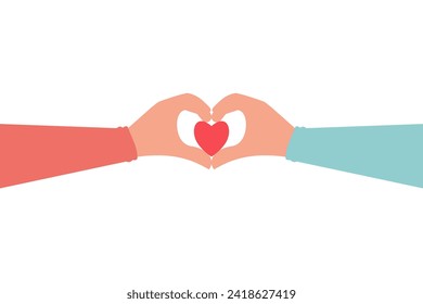 A couple's hands holding a red heart. Showing the love that completes each other. The concept for Valentine's Day. Vector illustration flat design style
