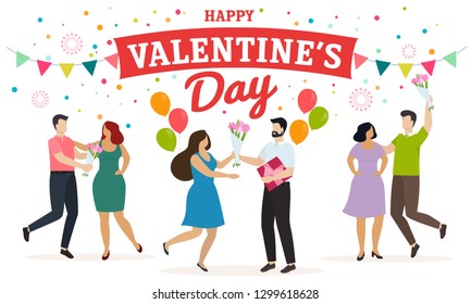 Couples of happy men and women celebrate Valentine's Day, give presents and have fun. Vector