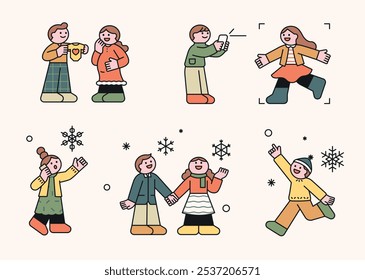 Couples having a happy date on a snowy Christmas. outline simple vector illustration.