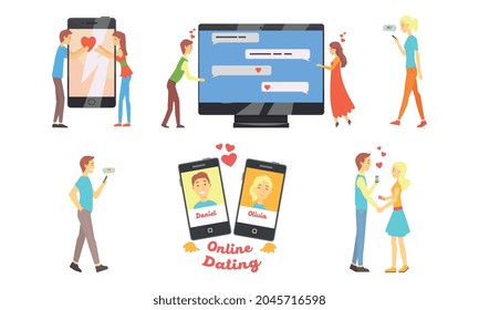 Couples Having Virtual Dates Set, Young People Chatting Using Online Dating Service Application Cartoon Vector Illustration