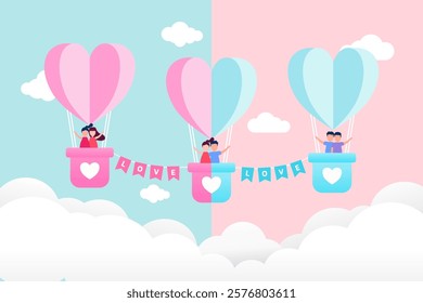 Couples in heart-shaped hot air balloons, adorned with ‘LOVE’ banners, perfect for Valentine’s Day, wedding themes, romantic cards, decorations and highlighting LGBTQ themes.