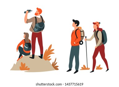 Couples hiking man and woman active lifestyle vector walking or trekking binocular and backpack stick mountains or hills camping or backpacking boyfriend girlfriend outdoor activity direction travelin