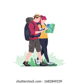 Couples hiking man and woman with backpack is traveling in outdoor. Trekking and hiking tours. Exploration trekking. Tourism and adventures in nature. Vector illustration flat style.