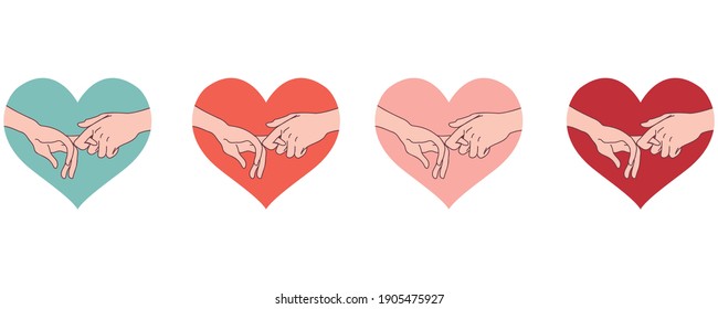 couples holding hands set.Romantic collection of vector illustrations for Saint Valentine's Day.Cute hearts in white background.