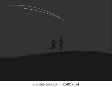 Couples are holding hands, they are looking at the meteor
