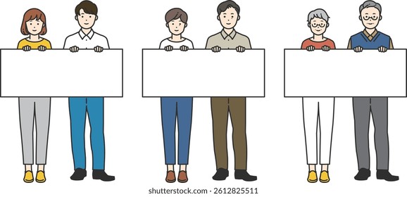 Couples Holding Panels – Simple Generational Set. Couples of all ages holding blank panels in a friendly style. Perfect for messages, ads, or marketing with a focus on age and gender diversity.